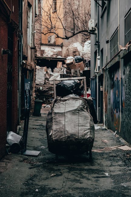 A row of large plastic wheelie bins lined up outdoors beside a brick wall, with the closest bin being green and marked with a recycling symbol, indicating it is for recyclable waste. Behind it, there 